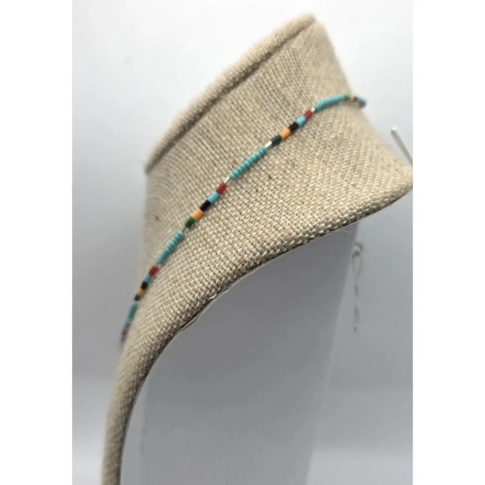 Sleeping Beauty Turquoise Heishi Liquid Silver Necklace Seed Bead Necklace 15.5